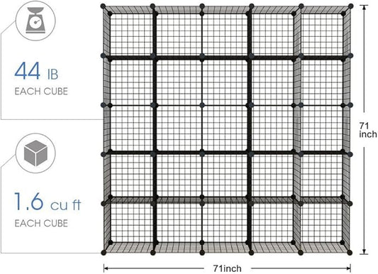 KOUSI DIY Wire Cube Storage, Modular Metal Shelf, Cubby Shelving, Stackable Grid Organizer, 25 Cube, Black