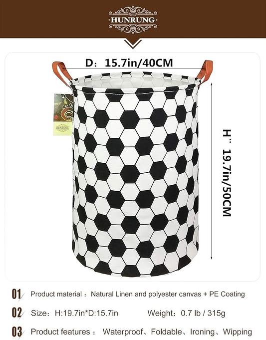 HUNRUNG Laundry Hamper,Large Canvas Fabric Lightweight Storage Basket Toy Organizer Dirty Clothes Collapsible Waterproof for College Dorms, Children Bedroom,Bathroom(Roud-Football)