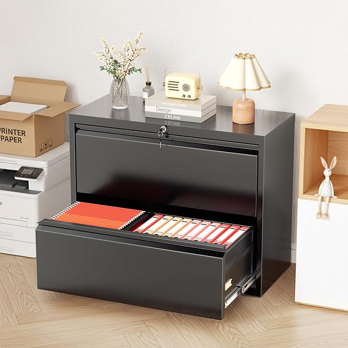 Bonusall File Cabinet, Lateral Filing Cabinet, 2 Drawer Metal File Cabinet with Lock, Lockable Filing Cabinet for Home Office, Hanging Files Letter/Legal/A4/F4 - Black