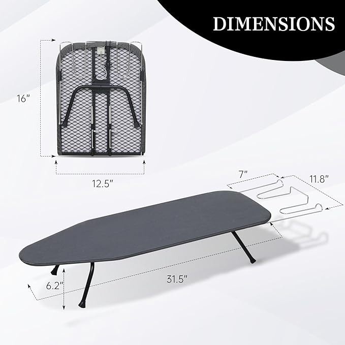 Metal Mesh Panel Tabletop Ironing Board | Foldable Iron Board | Heavy Duty Small Iron Board with Heat Resistant Cover and 100% Cotton 8mm Thicken Pad | 31.5"x11.8"x6.2"