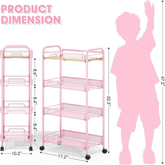 TOOLF 4-Tier Rolling Cart, Metal Utility Cart, Slide Out Storage Cart with Wooden Tabletop and Mesh Baskets, Easy Assemble Trolley for Kitchen Bathroom Laundry Room Bedroom Apartments Dormitory