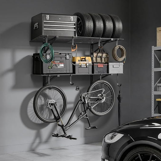 VEVOR 2-Tier Heavy Duty Wall Garage Shelving, 2 x 4 ft Steel Wall Mounted Shelving Unit with Hooks, 24 x 48 Inch Per Shelf Floating Storage Metal Rack for Garage, 520 lbs Total Weight Capacity, Black