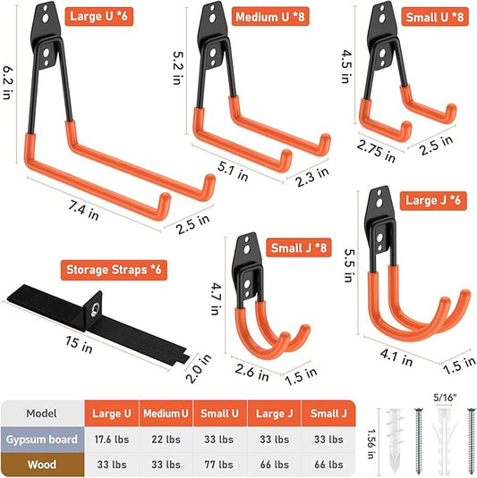 Garage Hooks with Anti-Slip Coating,Heavy Duty Wall Mount Storage Hooks for Hanging Bike,Hose,Ladder,Yard,Garden Tools (42 Pack Orange)
