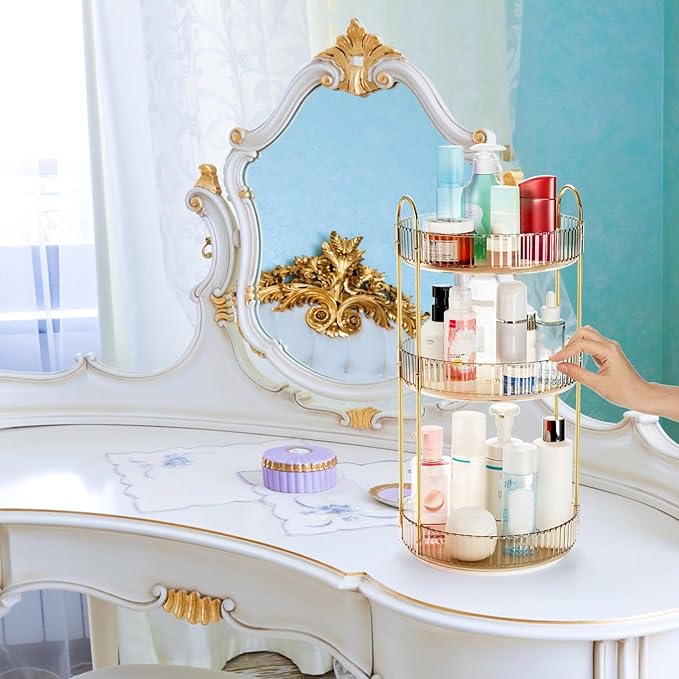 360 Rotating Makeup Organizer, 3 Tiers Plastic Bathroom Spinning Holder Rack, Round Lazy Susan Organizer, Large Capacity Countertop Shelf for Cosmetics, Perfume, Skincare, Spice, Toiletries