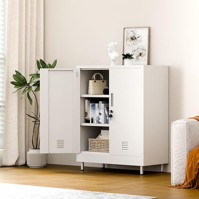 Metal Storage Cabinet with Locking Doors and 2 Adjustable Shelves, Lockable Storage Cabinet for Home Office Garage Pantry Living Room (White)