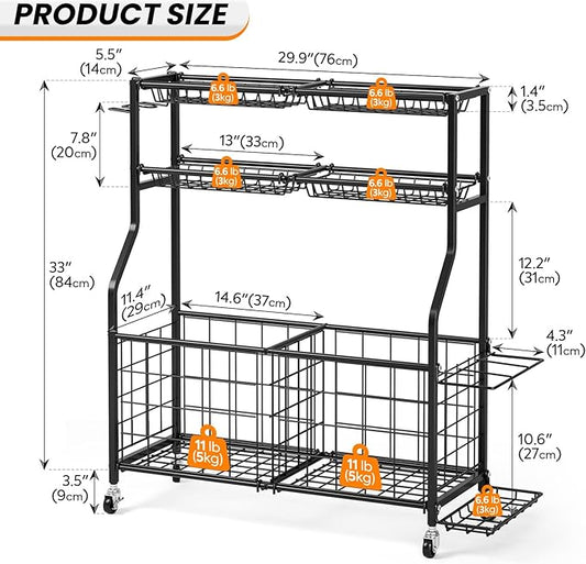 TOOLF Garage Sports Equipment Organizer with Ball Rack & Basket, Heavy Duty Workout Storage Cart for Gym Equipment, Outdoor Toy Organizers, Black