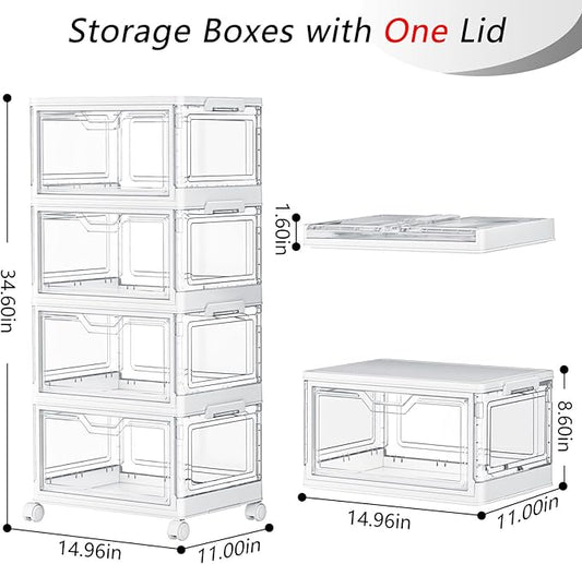 SNSLXH Portable Clear Storage Bins with Lid & Wheels, 24QT Clear Storage Bins with Lid, 4-Tier Plastic Bins with Wheels, Stackable, Magnetic Doors, for Bedroom, Living Room, Office