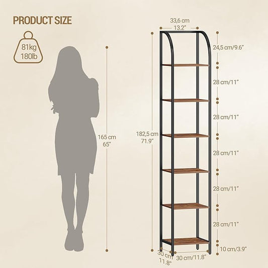 Bookshelf Narrow Bookcase, Tall Storage Rack with Steel Frame, Display Standing Shelf Unit, Skinny Book Shelf for Study Living Room Home Office, Industrial Style, 6-Tier Rustic Brown BC56001B