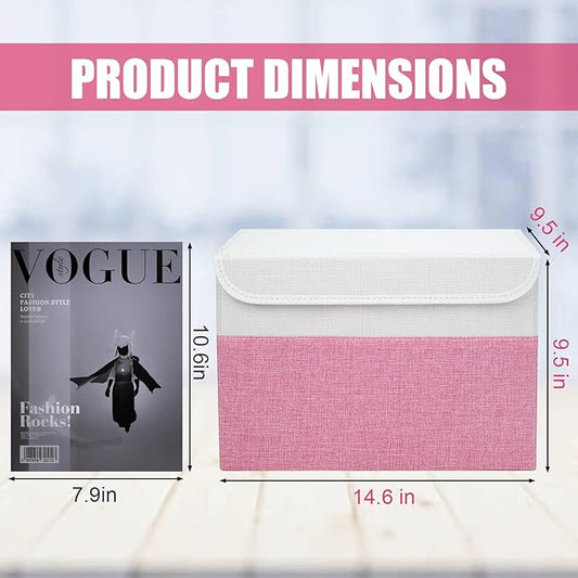 Large 22 Quart Linen Fabric Foldable Storage Bin Cube Organizer Basket with Flip-Top Lid & Handles, Clothes Blanket Box for Home, Office, Closet, Pink & White, 4 Pack 14.6 x 9.5 x 9.5