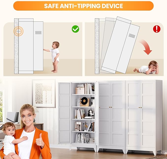 72" Tall Kitchen Cabinet Storage Unit With 2 Doors and 4 Adjustable Shelves, Metal White Freestanding Cupboard, 5 Tier Kitchen Pantry Storage Cabinet for Kitchen Dining/Living Room/Garage/Home/Office