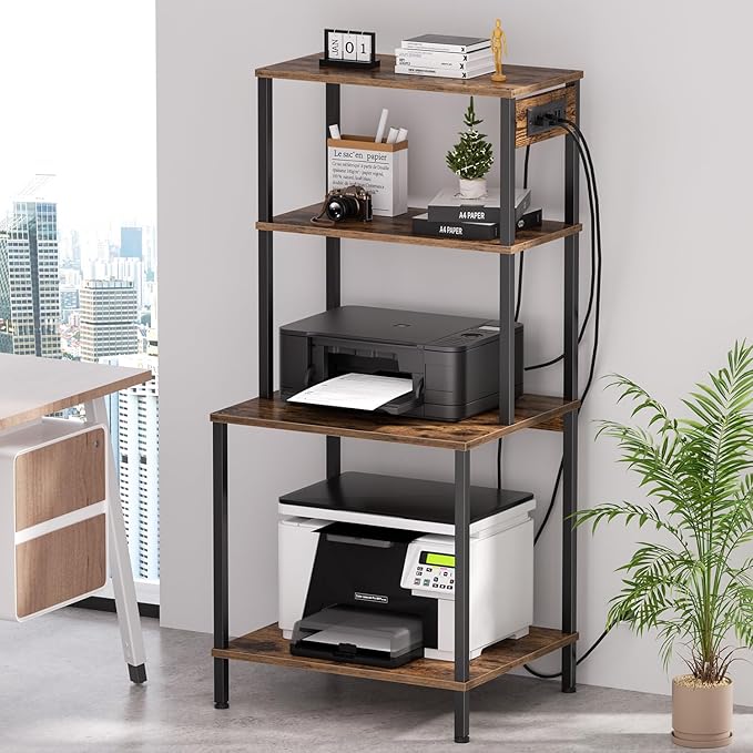Printer Stand with Charging Station, 49"Tall 4-Tier Printer Stand with Storage, Large Printer Table for Home Office, Kitchen, Living Room, PrinterCart Beside Desk for Printer, Scanner (Rustic Brown)