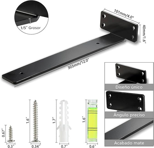 HEART ART Floating Shelf Bracket 12 Inch,2 Pack Heavy Duty Shelf Brackets,L Brackets for Shelves Black,12”L x 1.6”H x1.6”W