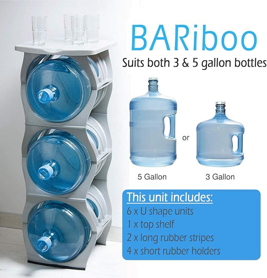 Bariboo Stackable Water Bottle Storage Rack Best Water Jugs 5 Gallon Organizer. Jug Holder for Kitchen, Cabinet and Office Organizing. Reinforced Polypropylene (Silver, 3 Plus Shelf)
