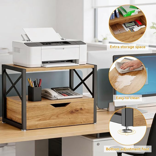 IBUYKE 2 Tier Desktop Printer Stand,Multi-Purpose Desk Organizer,Wooden Printer Stand with Drawer Storage for Folders,Books,for Fax Machine, Scanner,Home Office,Oak TLJ006K