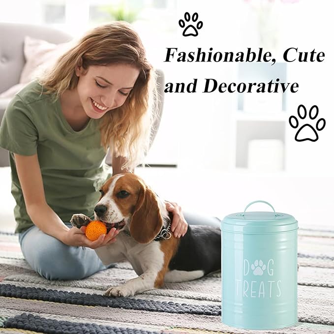 Dog Treat Container Airtight, Dog Treat Jar with Lid - 9x5.5'' Metal Dog Cookie Jar for Farmhouse Kitchen Counter, Green Pet Treat Container, Dog Treat Storage Container for Dogs, Cats
