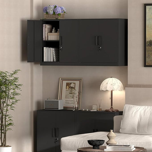 Metal Wall Cabinet,Garage Wall Cabinet with Handle,Lockable Storage Cabinets Wall Mounted with 2 Doors,Locking Cabinet with Shelves for Basement,Living Home,Black