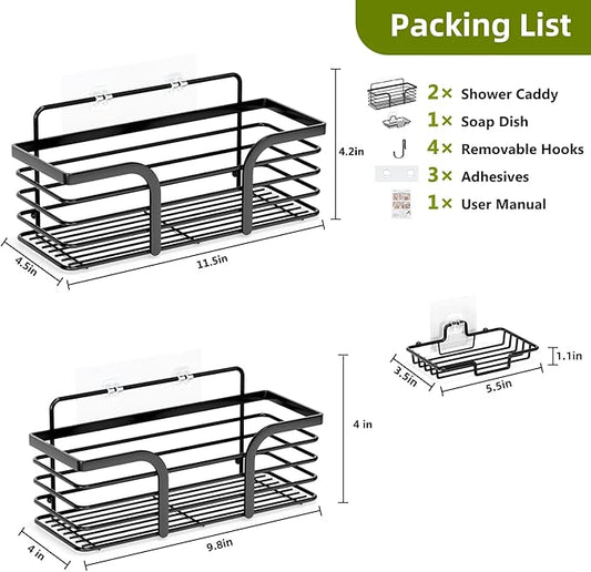 Yougai Shower Caddy, Shower Organizer with Soap Holder and Hooks, Rustproof Shower Shelves, No Drilling Bathroom Organizers and Storage, Wall-Mounted Kitchen & Home Decor (Black)
