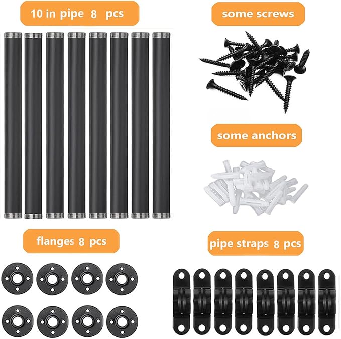 Industrial Black Iron Pipe Shelf Brackets 10 Inch Wall Mount DIY Shelving Brackets Pipe Decor Wall Rustic Clothing Rack 8 Pack, Hardware Included