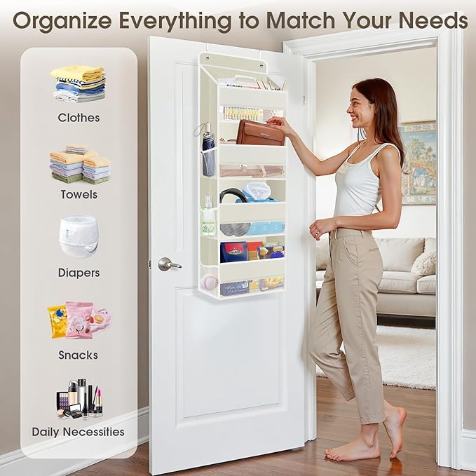 2 Pack Over The Door Organizer, Hanging Storage Organizer with Clear Window, 40lb Ultra Sturdy Large Capacity Room Organizer for Pantry Laundry Bathroom Nursery Closet (Beige)