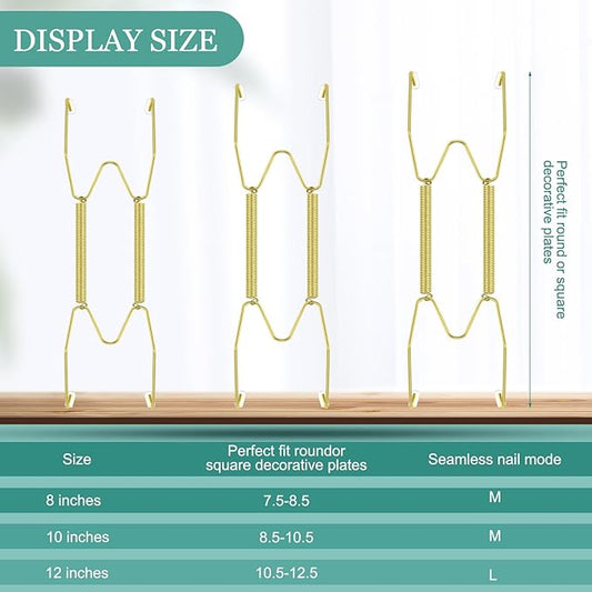 Hotop 12 Pieces Plate Hangers for Wall Stainless Steel Wire Invisible Heavy Duty Plate Hangers Display Holders with 12 Pieces Hooks for Wall Decorative(8/10/12 Inch,Gold)