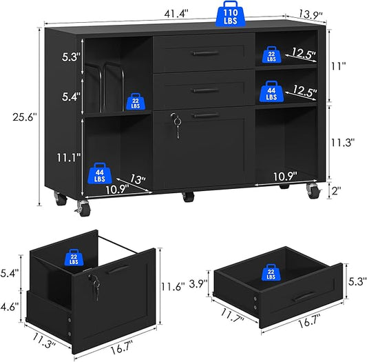 3 Drawer Wood Mobile Large lateral File Cabinet with Lock, Lockable Rolling Filing Cabinet with Open Storage Shelves, Printer Stand Office Storage for Home Office Fits Files Legal/A4, Black