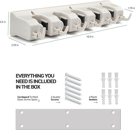 HOME IT Mop And Broom Holder Wall Mount - Garage Storage Systems with 5 Slots, 6 Hooks, 7.5lbs Capacity Per Slot - Garden Tool Organizer For Home, Kitchen, Closet, Garage, Laundry Room - Off-White