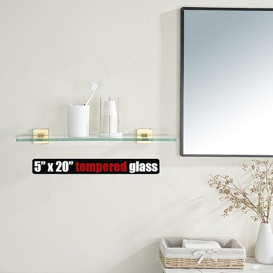JQK Bathroom Glass Shelf, Floating Tempered Glass Shower Storage 20 by 5 inches, 304 Stainless Steel Brushed Gold Wall Mount, TGS201L20-BG