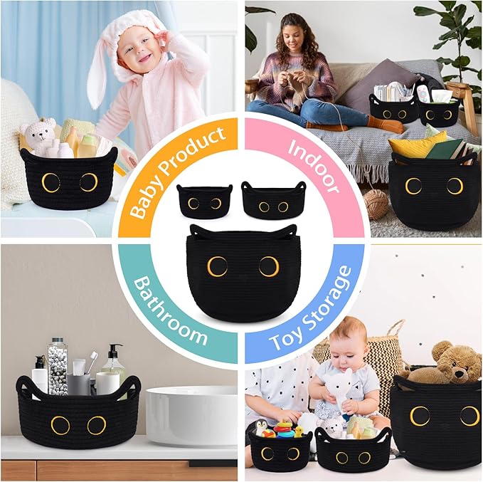 3Pack Black Cat Cute Storage Basket Set for Nursery- Small, Oval, Large Woven Gift Basket, Rope Cotton Bins with Lover Handles, Baby Laundry 0rganizer Shower Towel Blanket Clothes (9/12/15In)