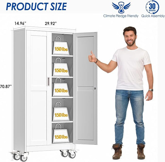 Metal Garage Storage Cabinet with Lock, Steel Tool Cabinet with 2 Door and 4 Adjustable Shelves, 71” Tall Lockable File Cabinet with Wheels, Rolling Cabinet for Home Office Garage Gym - White