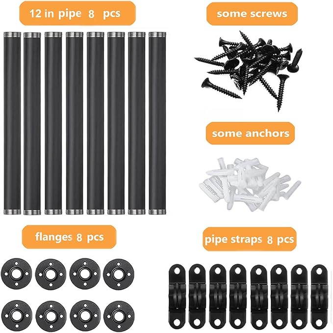 12 Inch Industrial Pipe Shelf Brackets Set of 8 - Black Iron Rustic Wall Mounted DIY Shelving Brackets Hanging Custom Pipe Brackets for Floating Shelves