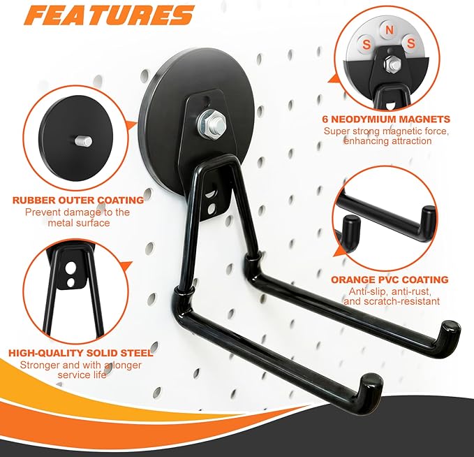 Heavy-Duty Storage Magnetic Hooks,No Need for Drilling, with Anti-Slip Coating, Suitable for Garages, Workshops, Kitchens, Storage Cabinets, RVS, Garden Tool Storage (Black 4 pcs)