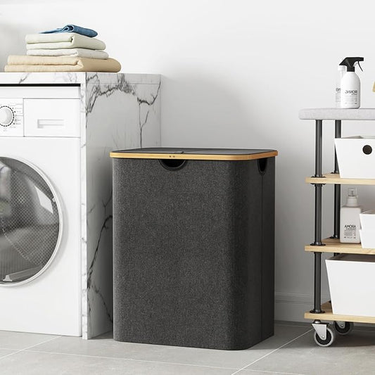 Lifewit 120L Laundry Basket with Lid, Clothes Hampers for Laundry with Bamboo Handles and 2 Removable Bag, Large Foldable Laundry Hamper for Bedroom, Bathroom, Dorm, Laundry Room, Dark Gray