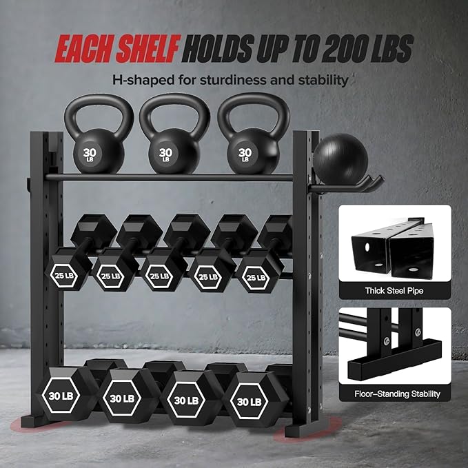 3-Tier Dumbbell Rack Stand Only, Weight Rack for Home Gym Dumbbells, Adjustable Height, Compact Design, 1000LB Capacity Dumbbell Storage for Home Use