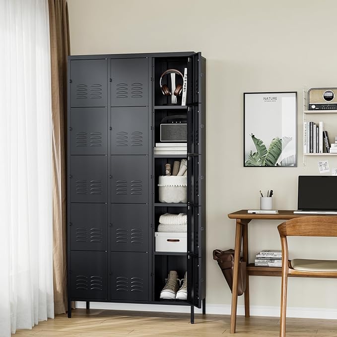 Letaya Metal Lockers for Employees-15 Door Storage Locker with Shelves and Lockable Steel Cabinet for School,Gym,Office,Staff(Black, 15 Door)