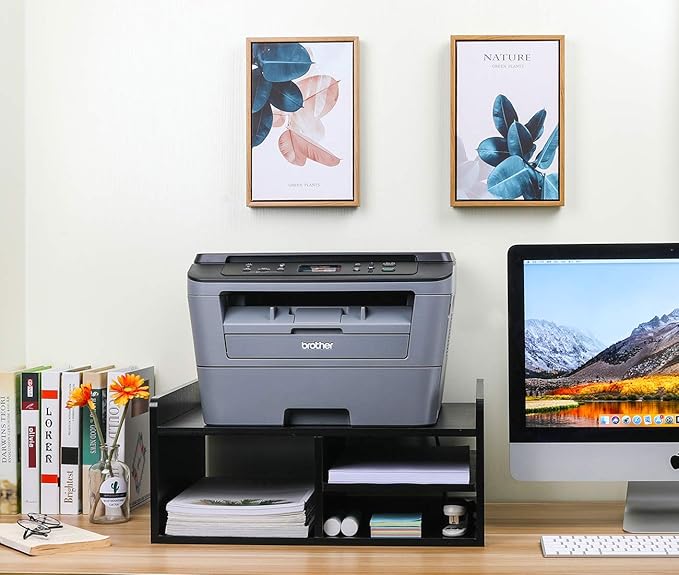PAG Desktop Printer Stand with Storage, Paper Storage Holder Rack for Desk, Wooden Printer Organization for Home/Office, Black