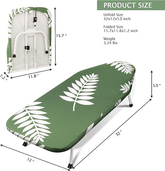 SheeChung Tabletop Ironing Board 12"x32",Small Ironing Boards with Heat Resistant Cover Pad,Portable Tabletop Ironing Board with Non-Slip Feet,Mini Folding Iron Board for Household Laundry,Green Leaf