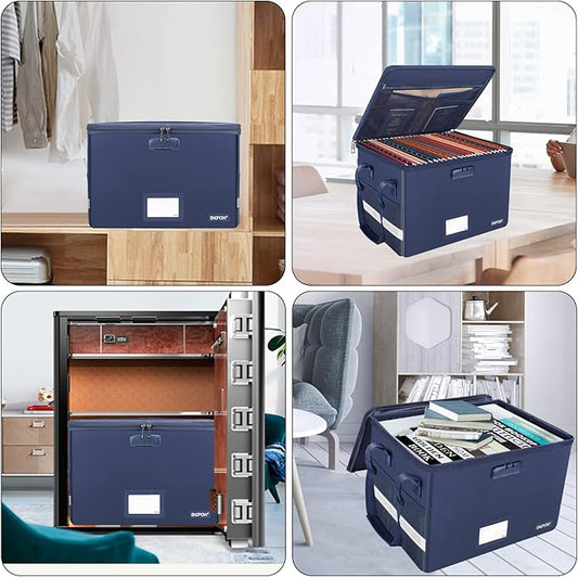 ENGPOW File Box with Lock, Fireproof Document Box with Zipper&Pockets, Collapsible File Organizer Filing Storage Cabinet with Handle, Portable Home Office Safe for Hanging Letter/Legal Folder, Blue