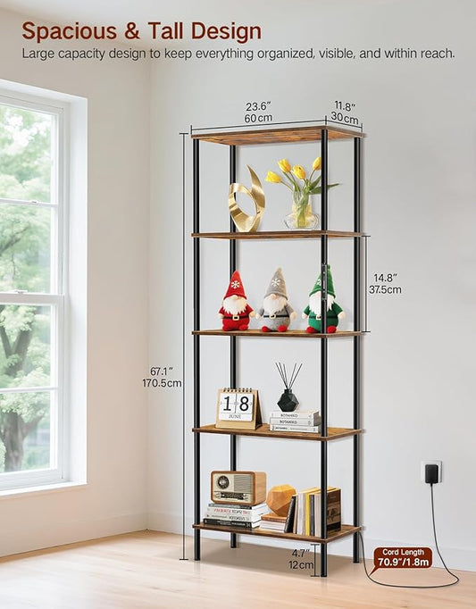 5 Tier Bookshelf with LED Light, Dimmable Bookcase with Touch & Remote Control, 3 Color Temperatures, Tall Modern Display Standing Shelf for Living Room, Bedroom, Home Office (Rustic Brown)