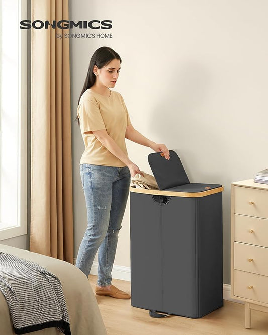 SONGMICS Laundry Hamper with Lids, Laundry Basket with 2 Compartments, 39 Gal. (150 L), Removable Liner Bag, for Laundry Room, Bedroom, Living Room, Ink Black and Light Bamboo ULCB523B01