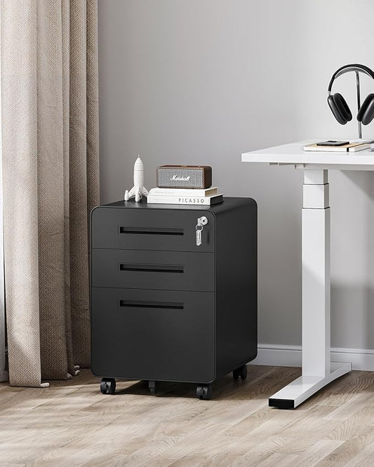 3 Drawer File Cabinet with Lock, Metal Under Desk Rolling Filing Cabinet fits Letter/Legal/A4 Size for Home Office,(Fully Assembled, Black)