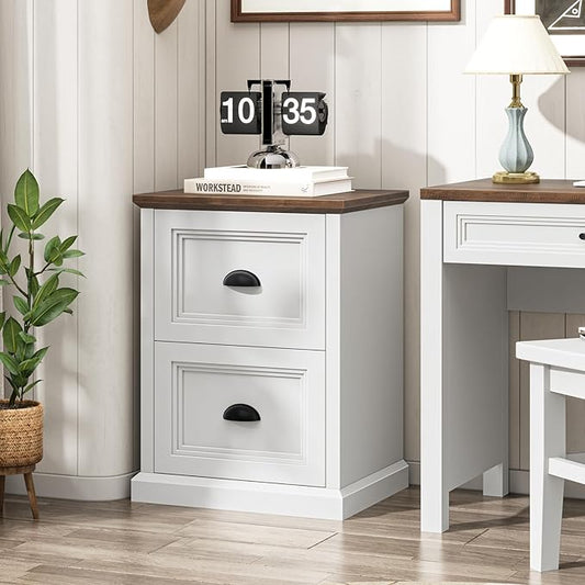 Vertical File Cabinet, Filing Cabinet with 2 File Drawers, Farmhouse Small File Cabinet Fits Letter/A4 Size, Wooden Printer Stand, Under Desk Cabinets for Home Office, White