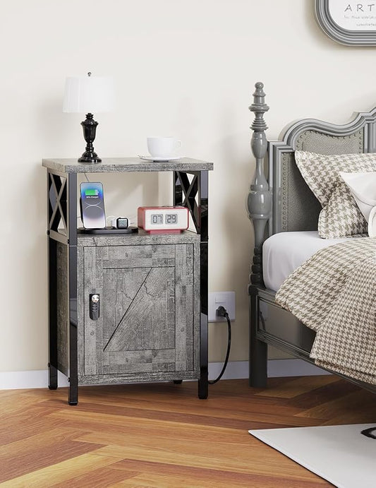 Wooden Nightstand with Lock, Bed Side Table with Drawers, Bedside Table with Charging Station, 3 USB & 2 Outlets, Night Stand with Cabinet Storage, End Tables for Bedroom, Ash Grey