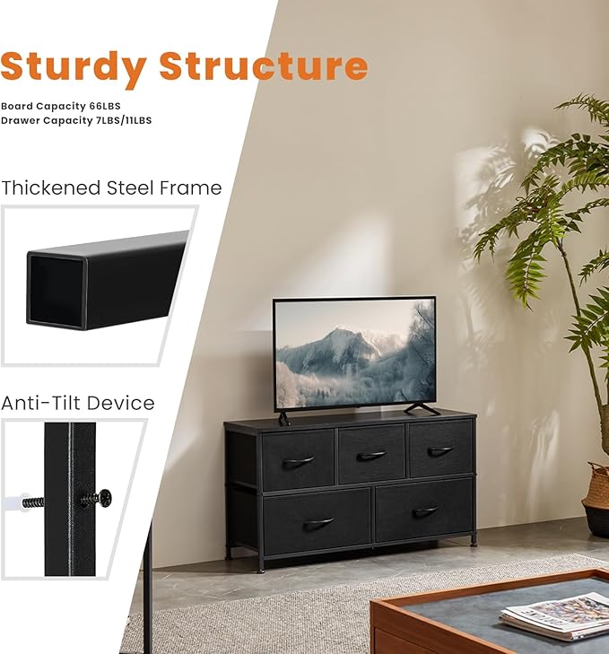 Sweetcrispy Dresser for Bedroom with 5 Storage Drawers, Fabric Storage Tower Organizer, Chest of Drawers with Metal Frame Wooden Top for Closet, Living Room, Entryway, Black