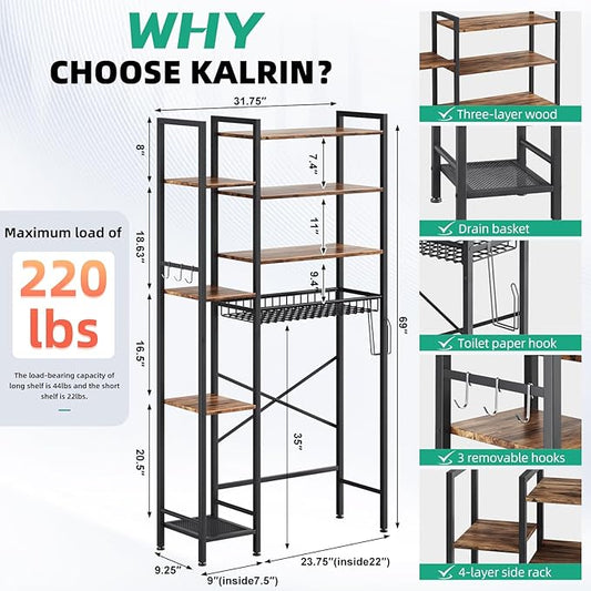 8-Tier Over The Toilet Storage with Side Rack, Over Toilet Storage Rack with Adjustable Shelf & Drain Basket, Freestanding Bathroom Organizer for Balcony, Laundry (Vintage Brown)
