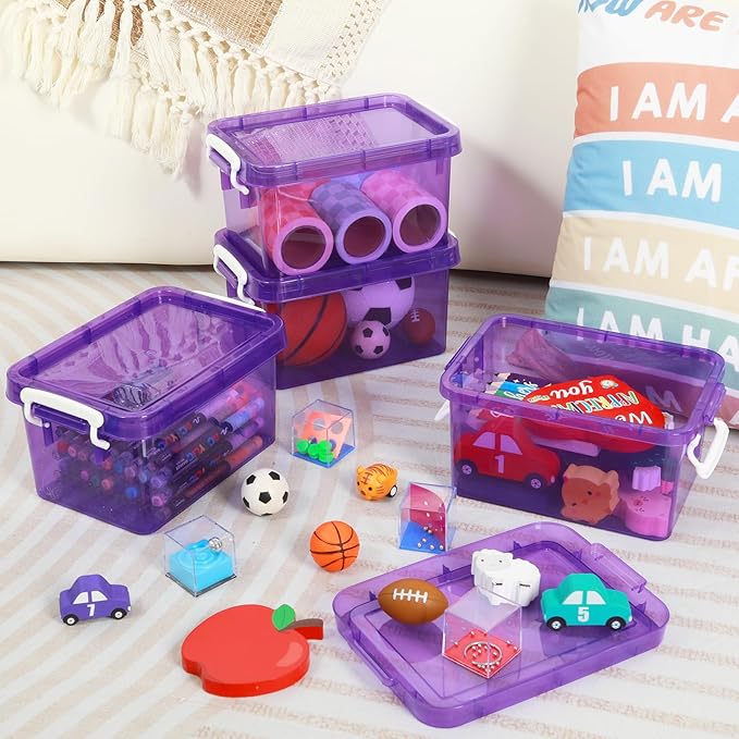 6 Pack 4 Quart Colorful Plastic Storage Bins with Lids Stackable Storage Bins with Latching Lids Handle Clear Colored Storage Organizer Bins for Home Office Pantry Containers(Purple)