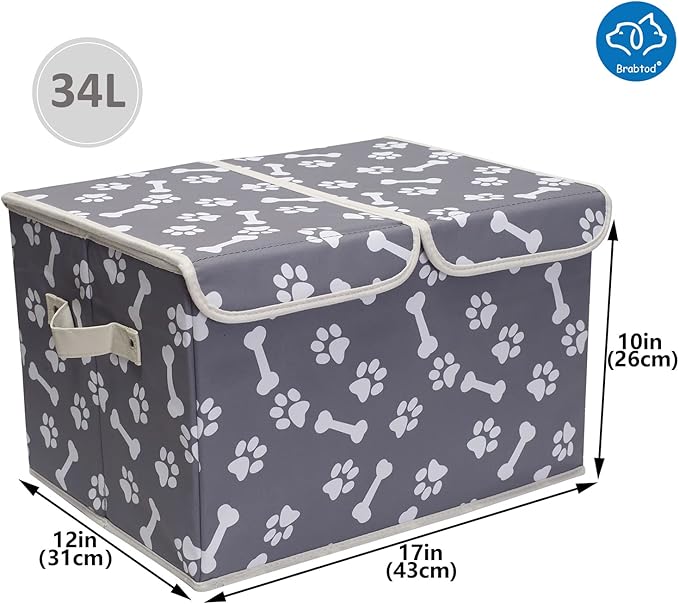 Large Dog Toys Storage Box Canvas Storage Basket Bin Organizer with Lid - Collapsible Linen Bin Ideal for Organizing Dog Cat Toys and pet Stuff-PP Boad-17" x 12" x 10" - Bone Claw