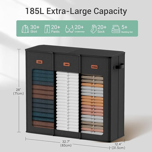 185L Laundry Hamper 3 Section with Lid, Black Dirty Clothes Hamper with 3 Removable Laundry Bags, Large Laundry Basket for Bedroom, Laundry Room, Dorm