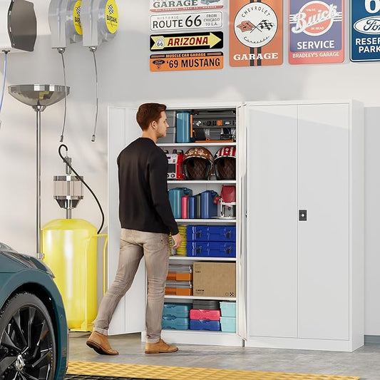 Metal Garage Storage Cabinets with Lock, 71" Tall Tool Cabinet with 2 Door and 5 Adjustable Shelves, Locking Garage Cabinets and Lockable Steel Locker for Home Office Warehouse - (White-71”H)