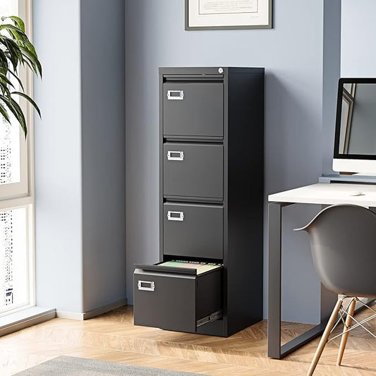 4 Drawer File Cabinet, Filing Cabinets for Home Office, Metal Vertical File Storage Cabinet with Lock, Locking File Cabinet for A4 Legal/Letter, 15" W x 17.7" D x 50.1" H, Assembly Required