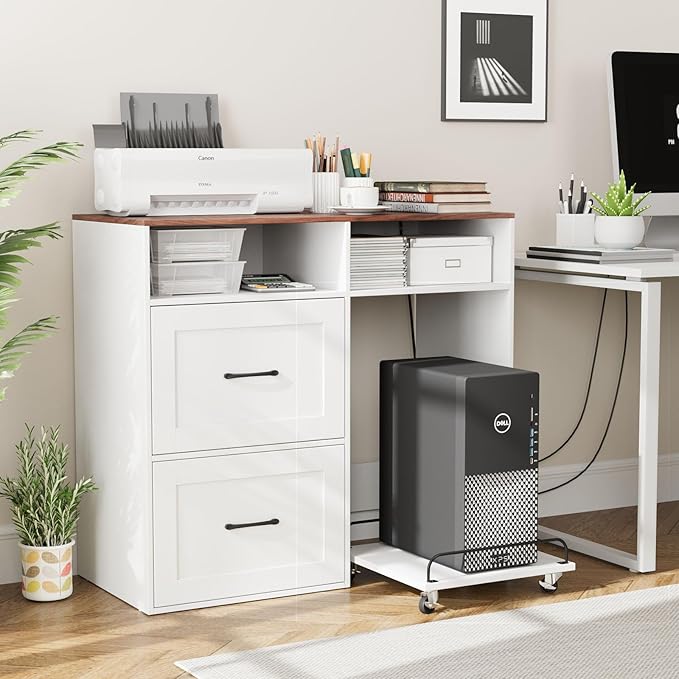 VOWNER File Cabinet with Charging Station, 2 Drawer Filing Cabinet, Printer Stand with Rolling Shredder Stand, Wooden File Cabinets with Open Storage Shelf, for Home Office fit A4, Letter, Legal Size